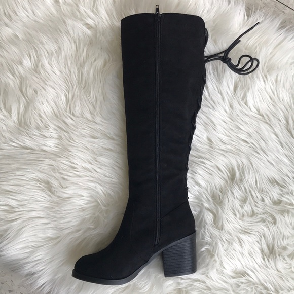 Back Lace-Up Chunky Heeled Knee High Boots - Picture 5 of 5